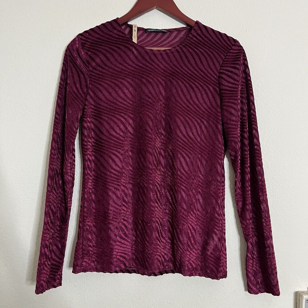 Zara SZ M Wine Red Velvet Swirl Long Sleeve Round Neck Blouse Top Shirt